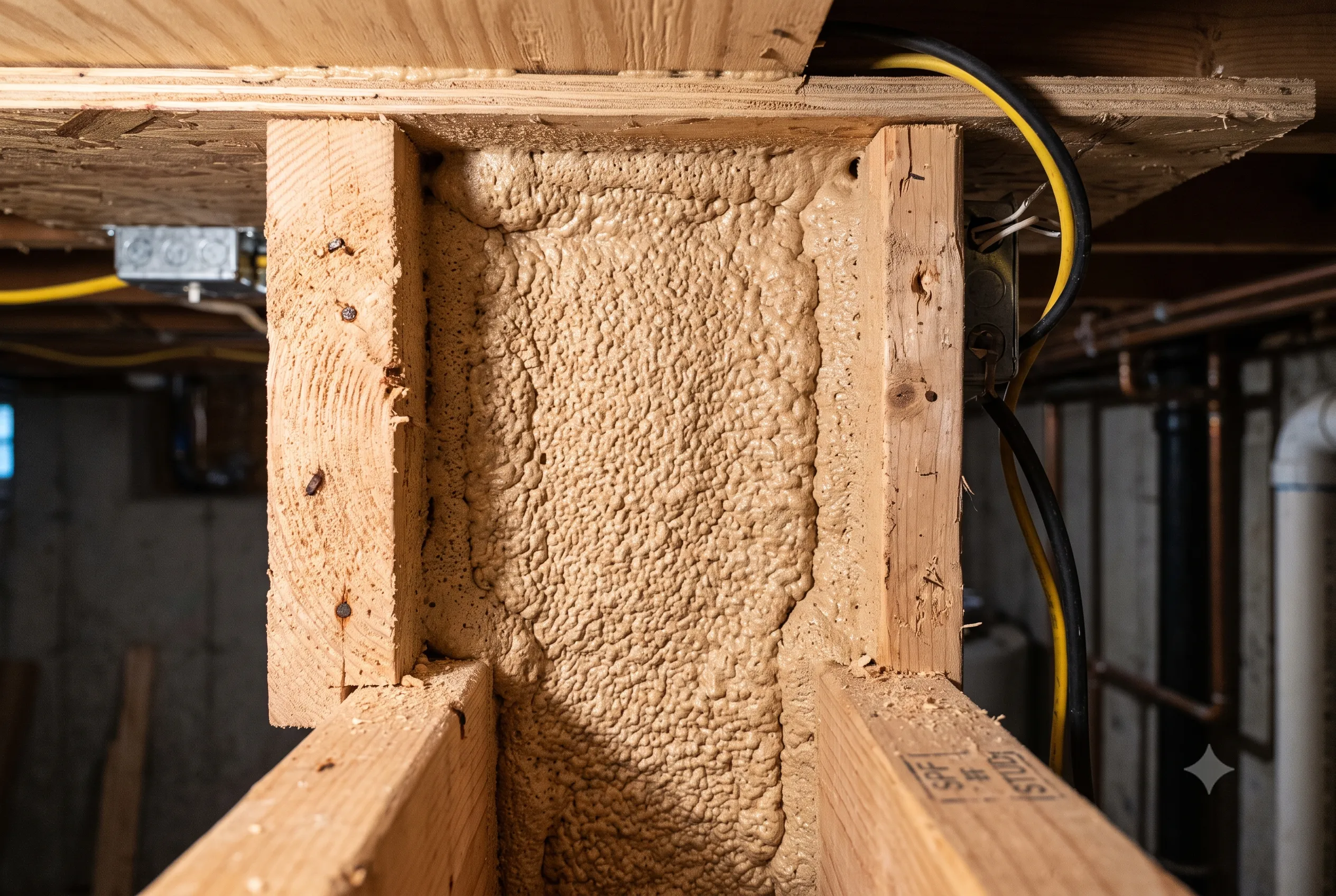 Closed-cell spray foam sealing a basement rim joist