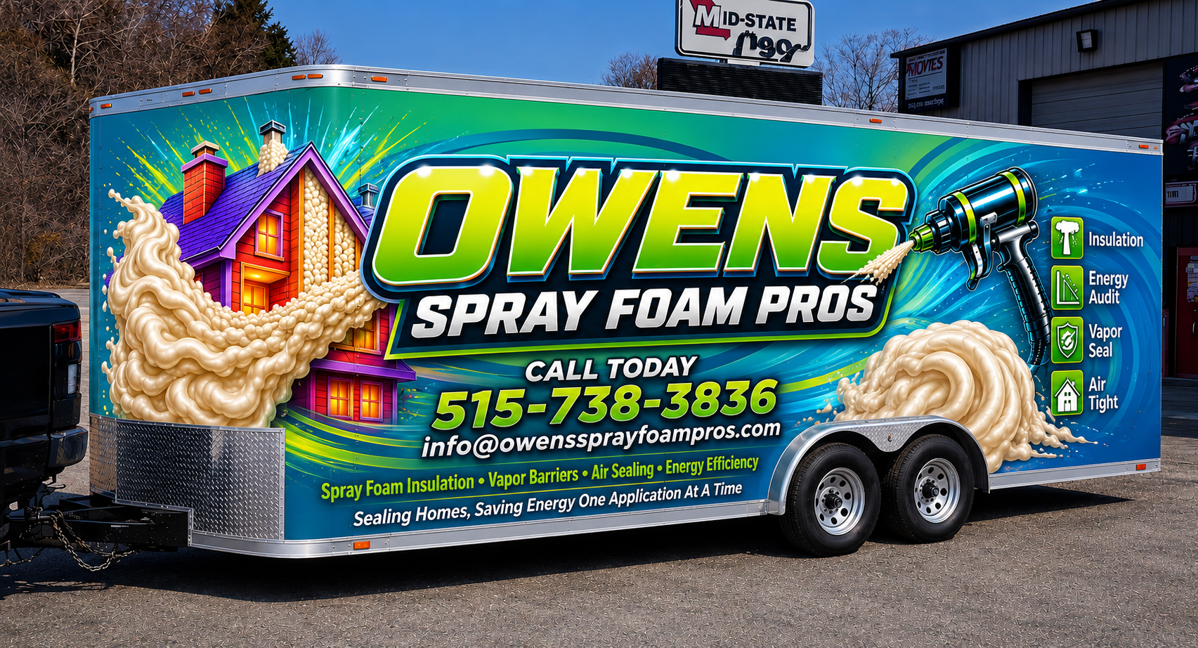 The Owens Spray Foam Pros wrapped equipment trailer, parked and ready for a job